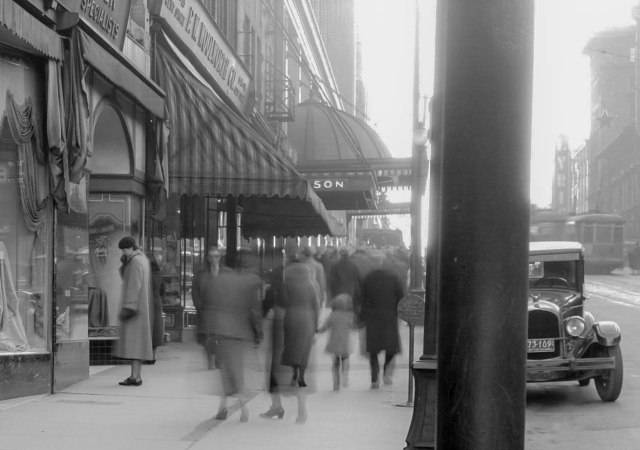 CVA 99-4856 - Sidewalk in front of [Eastman Kodak] store [at 610 Granville Street] 1936 Stuart Thomson photo for Travellers Insurance co-2